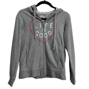 Life Is Good Zip Up Hoodie Gray Pink Relaxed Fit Womans XS Heart Design Sweater